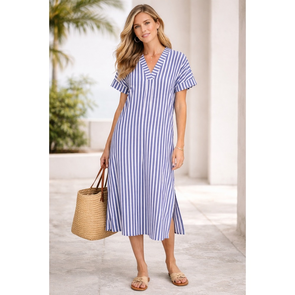 J.Crew Striped Blue White Midi Dress Cotton Poplin V-Neck Short Sleeve Size M
